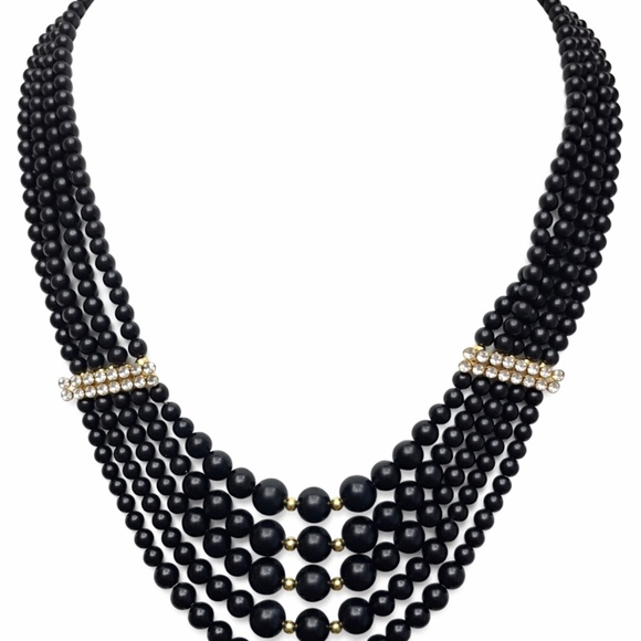 Jewelry - Vintage 5 Strand Black Glass Bead Bib Necklace Rhinestone Bar Gold Tone Clasp